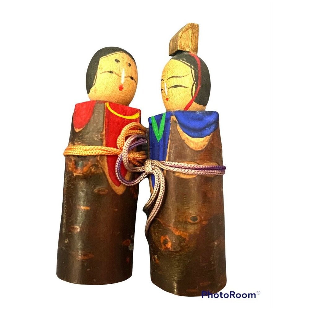 Tiny Kokeshi Japanese Dolls‎ Hand Painted Vintage Carved Wood Unique Pair 3” Peg